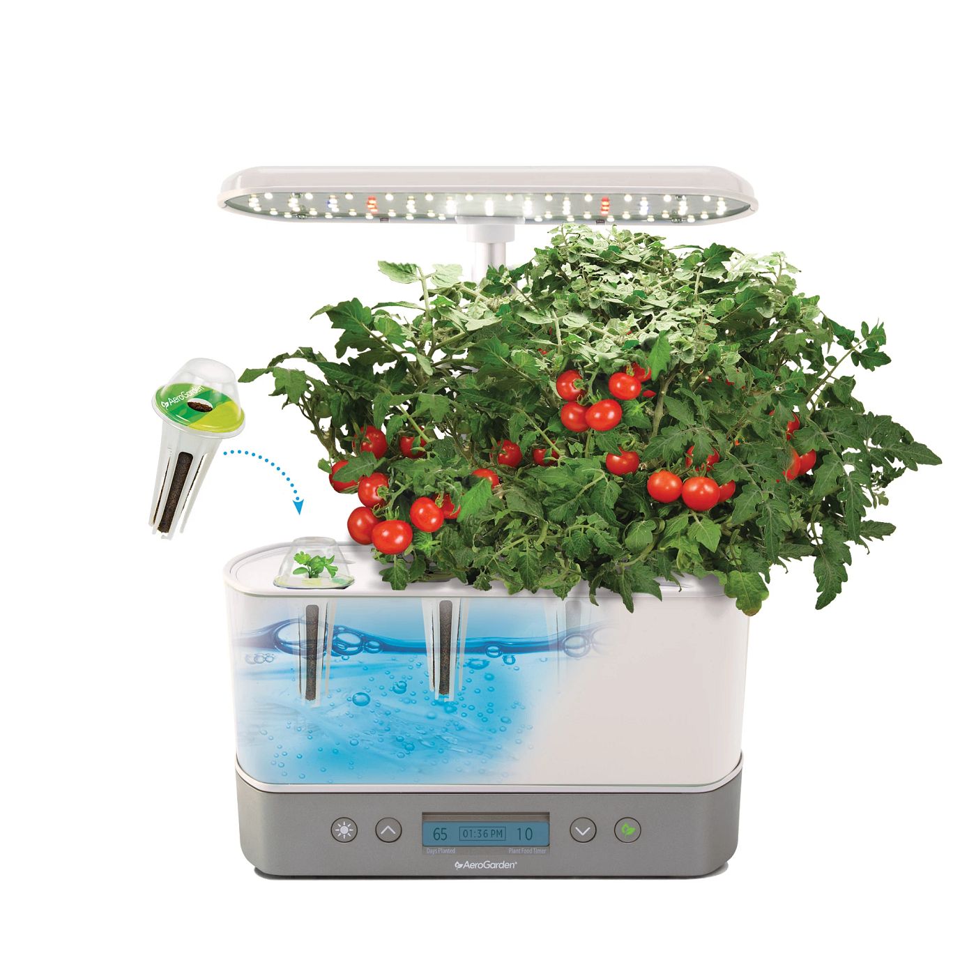AeroGarden Harvest Elite digital controls and grow light hood