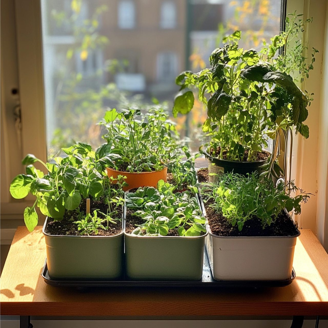 A DIY indoor garden setup with recycled containers used as planters growing herbs and vegetables. Photo: VisualCreative1 / Freepik.