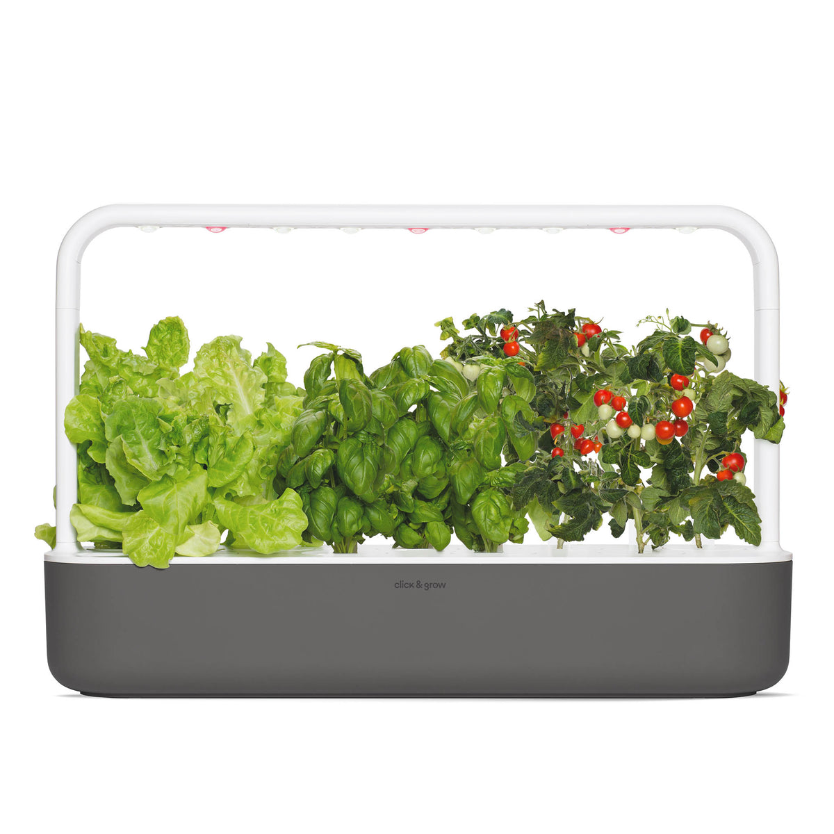 Click and Grow Smart Garden 9 grey front view with plants growing