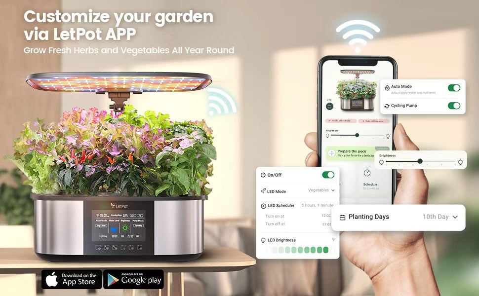 LetPot Max app control for lights, watering, nutrients, and pump cycling